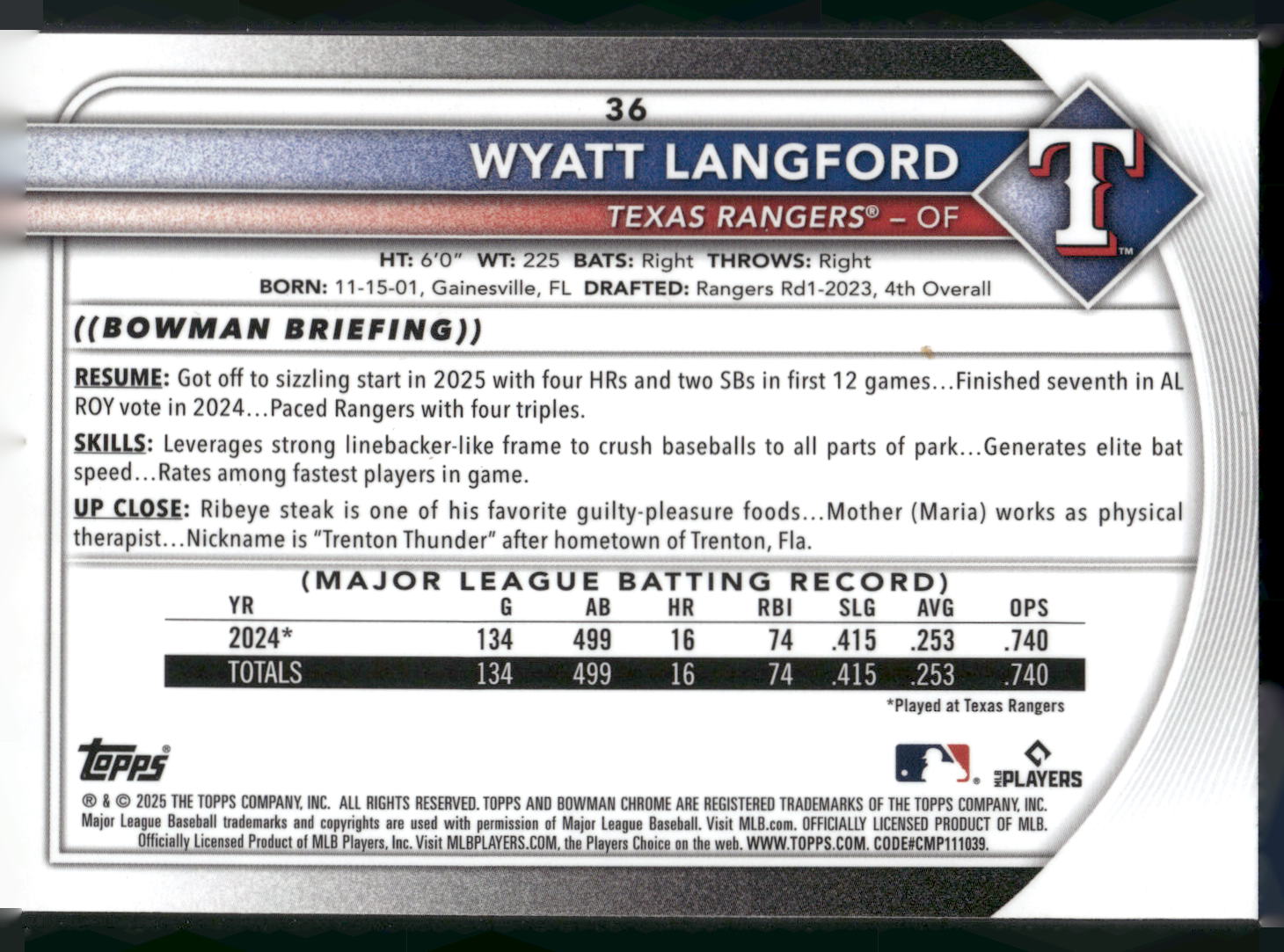 2025 Bowman Chrome #36 Wyatt Langford Mojo Refractors