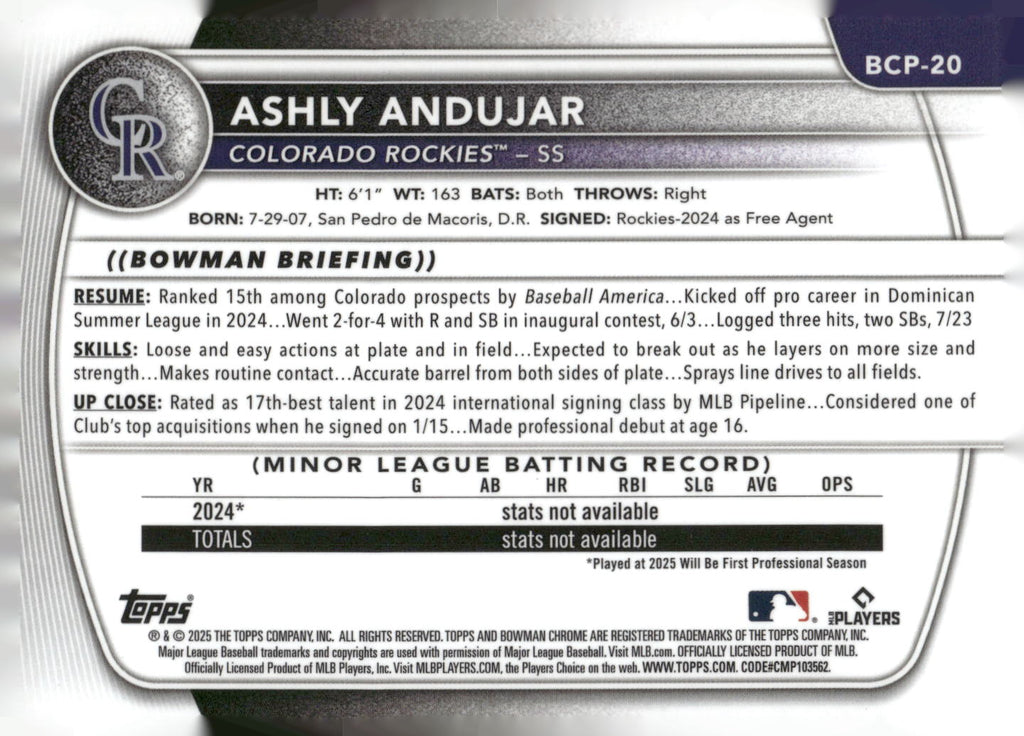 2025 Bowman #BCP-20 Ashly Andujar Chrome Prospects Mojo Refractor