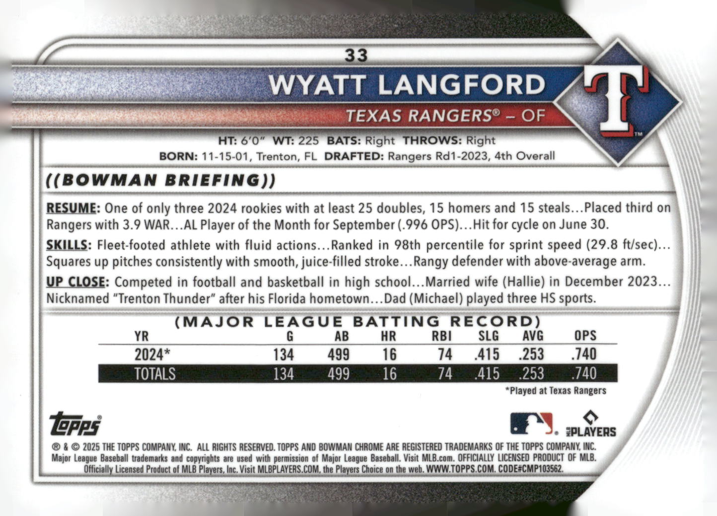 2025 Bowman #33 Wyatt Langford Chrome Mojo Refractor