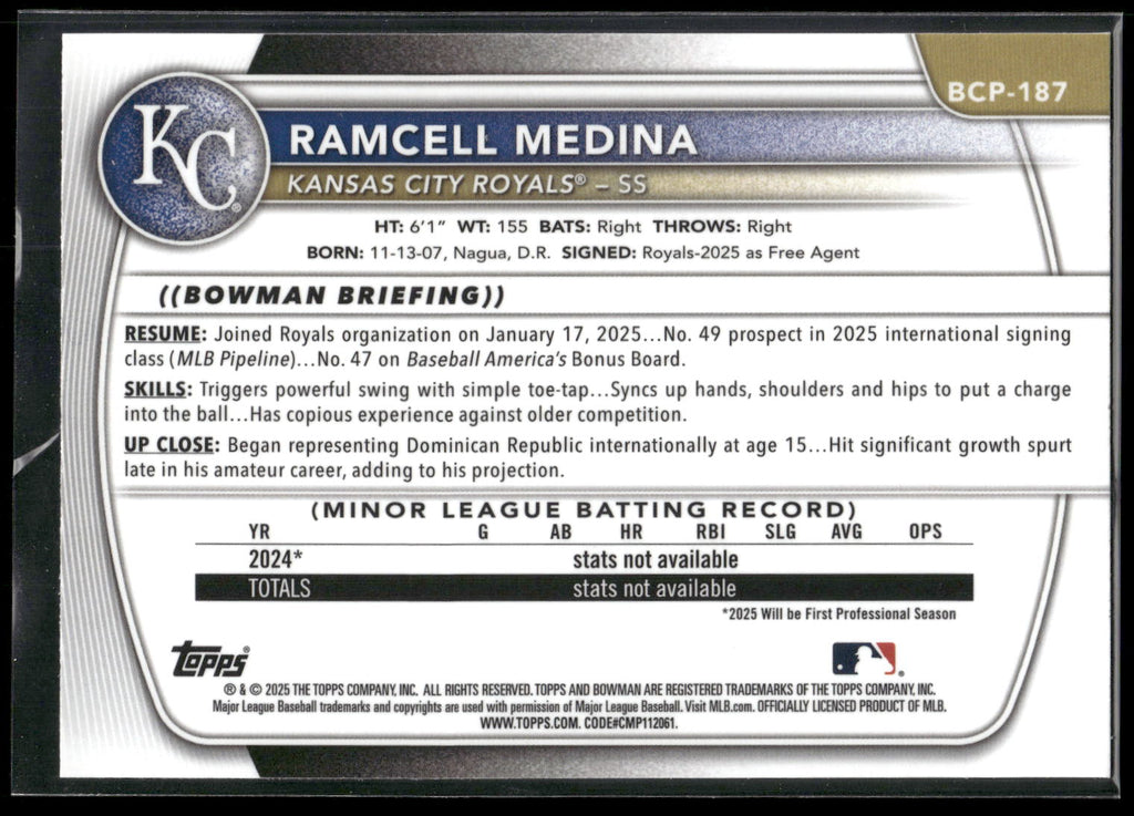 2025 Bowman Chrome #BCP-187 Ramcell Medina Prospects Laser
