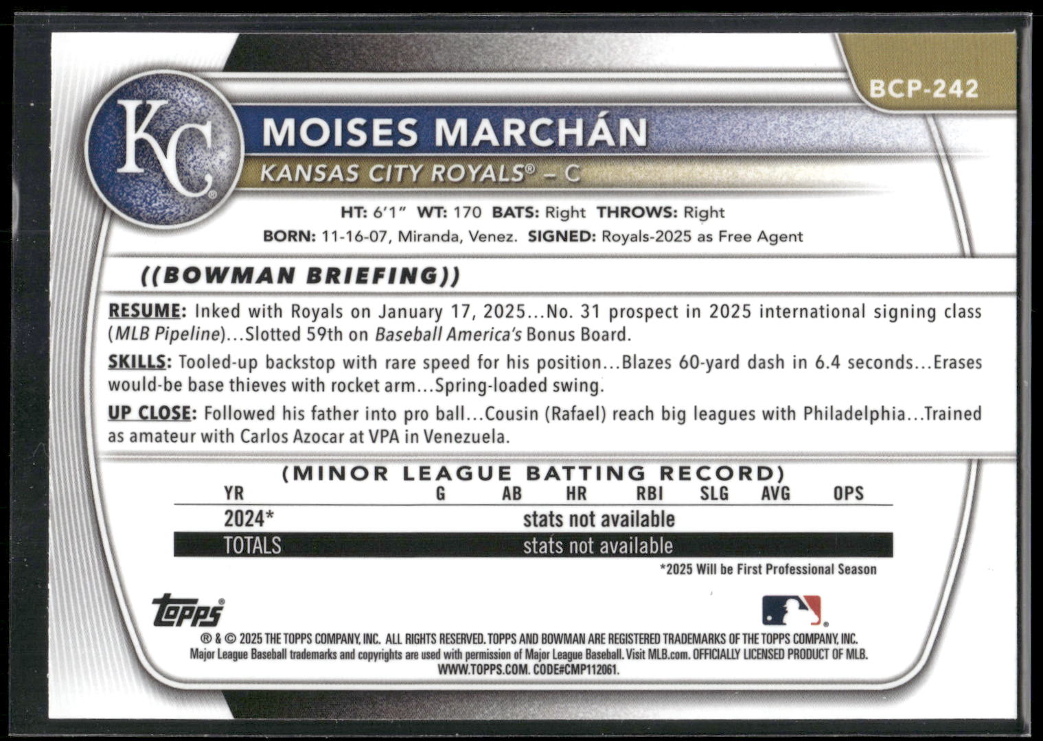 2025 Bowman Chrome #BCP-242 Moises Marchan Prospects Laser