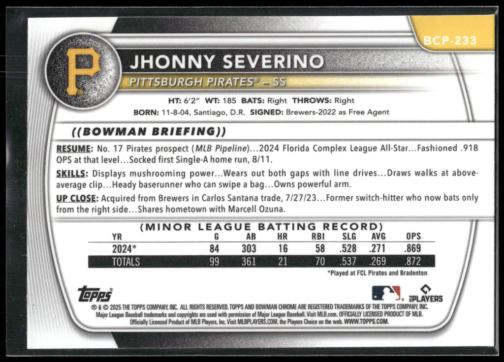 2025 Bowman Chrome #BCP-233 Jhonny Severino Prospects Mojo