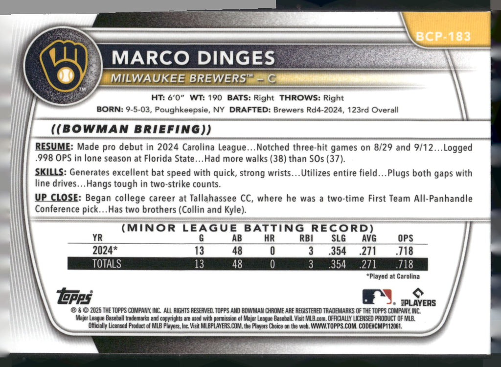 2025 Bowman Chrome #BCP-183 Marco Dinges Prospects Laser