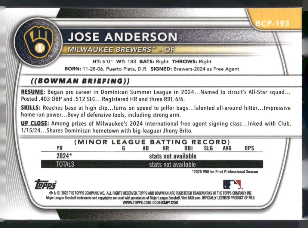 2025 Bowman Chrome #BCP-193 Jose Anderson Prospects Laser