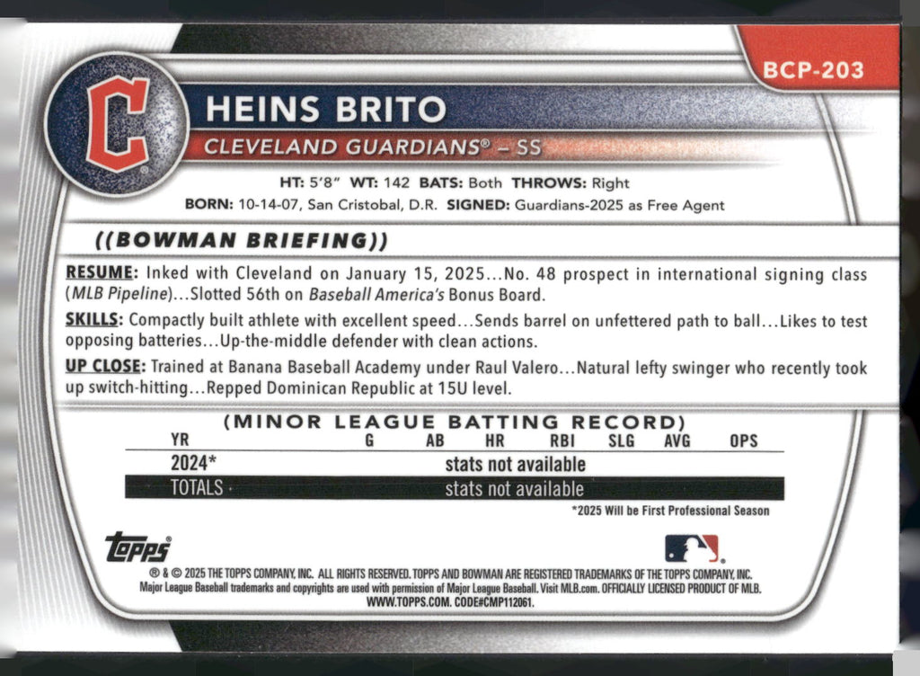 2025 Bowman Chrome #BCP-203 Heins Brito Prospects Laser