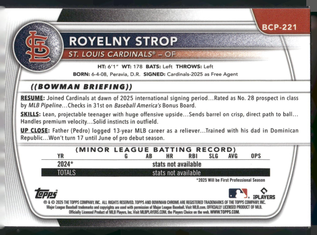 2025 Bowman Chrome #BCP-221 Royelny Strop Prospects Mojo