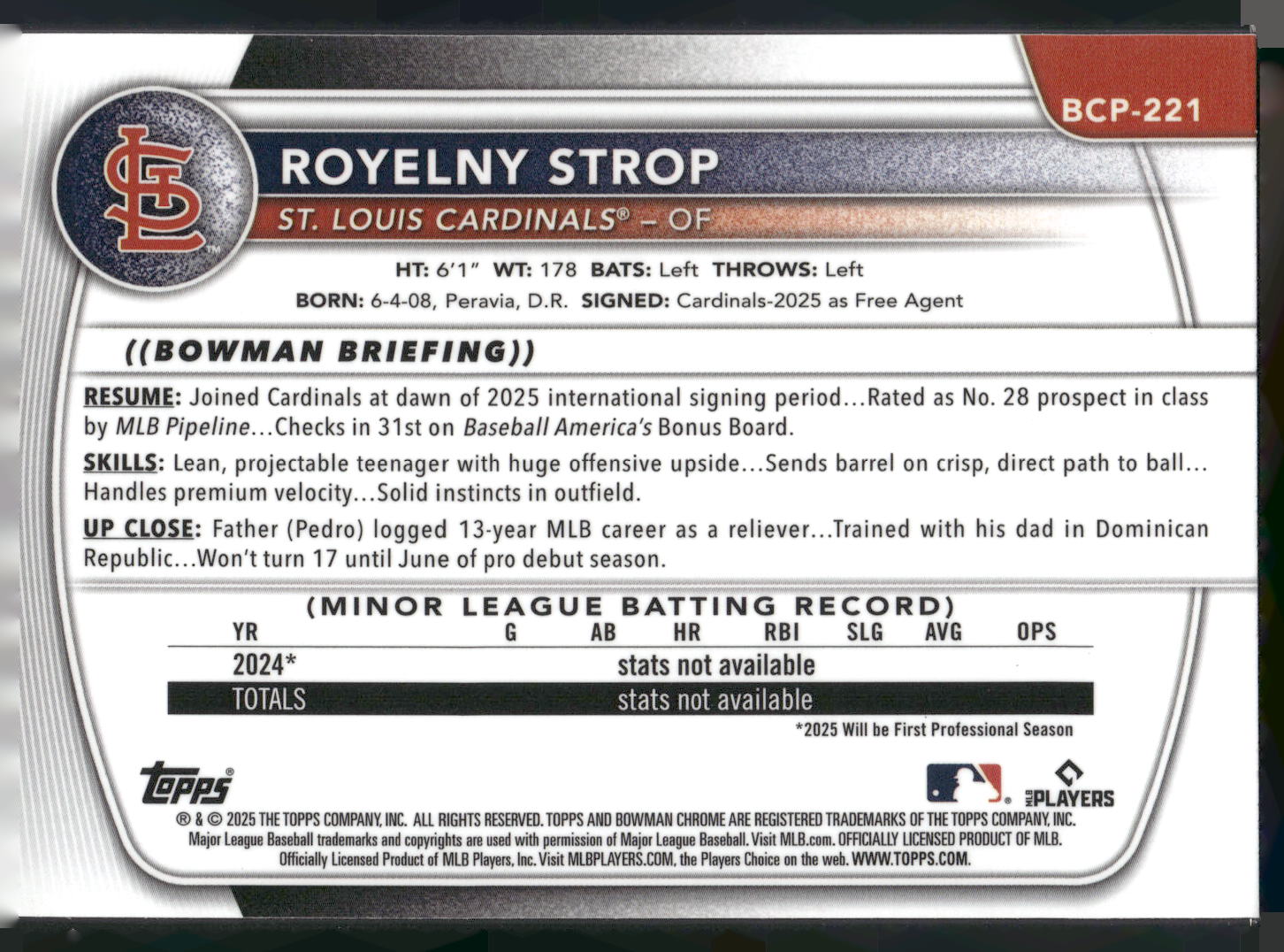 2025 Bowman Chrome #BCP-221 Royelny Strop Prospects Mojo