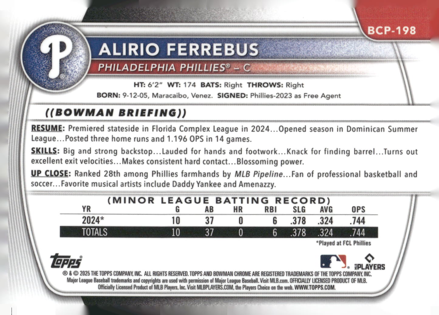 2025 Bowman Chrome #BCP-198 Alirio Ferrebus Prospects Mojo