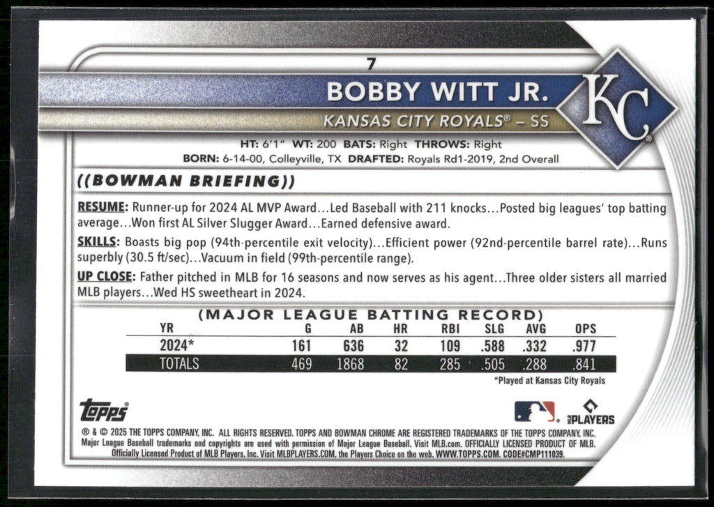2025 Bowman Chrome #7 Bobby Witt Jr. Mojo Refractors