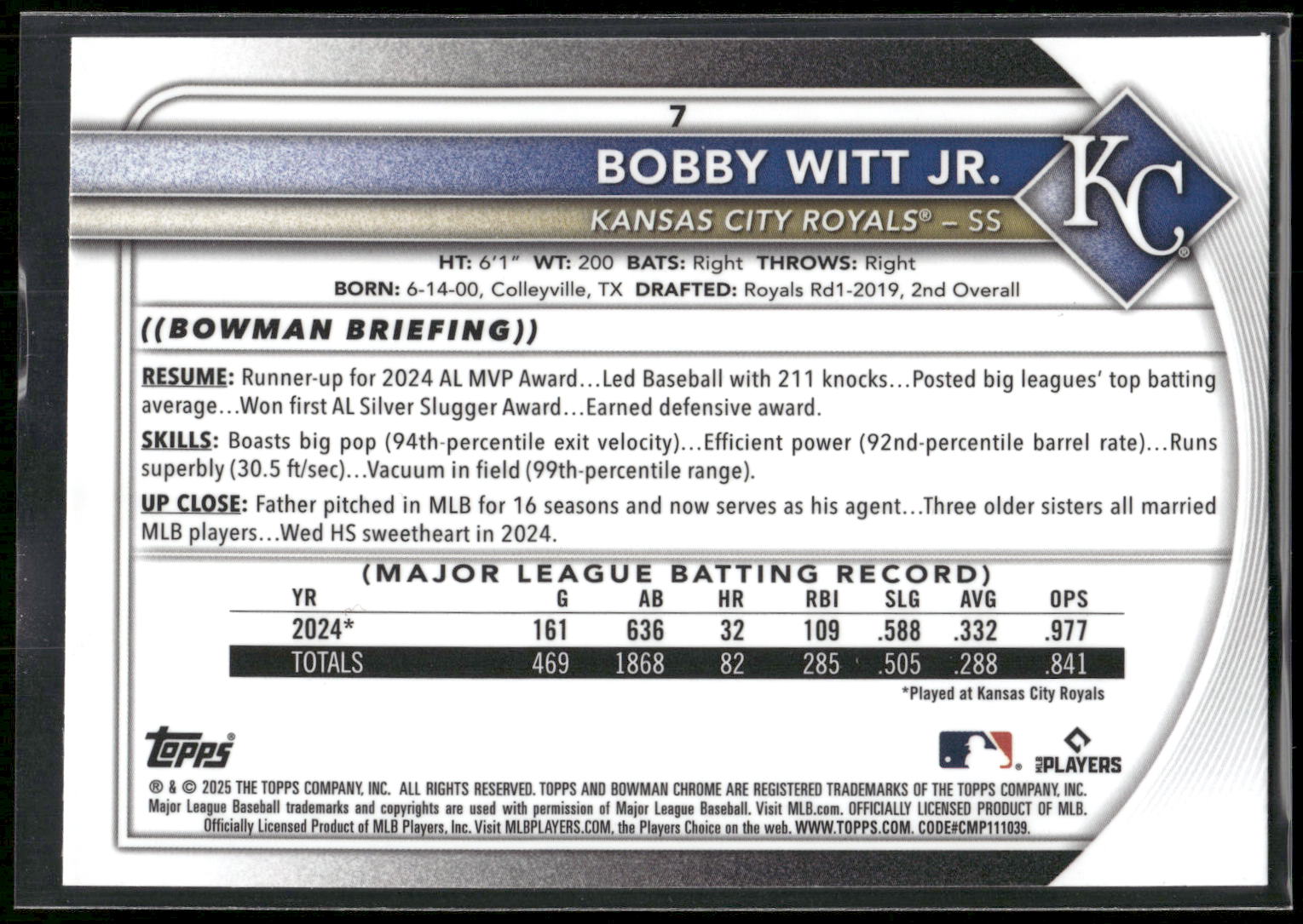 2025 Bowman Chrome #7 Bobby Witt Jr. Mojo Refractors