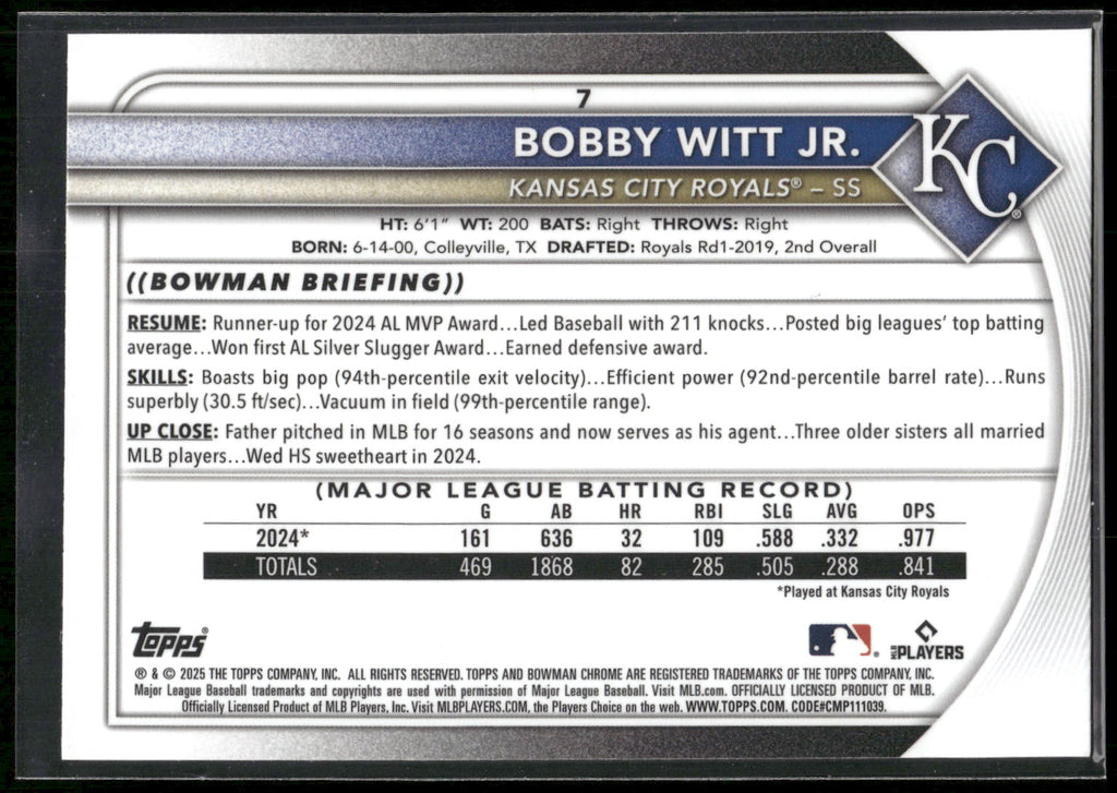 2025 Bowman Chrome #7 Bobby Witt Jr. Mojo Refractors
