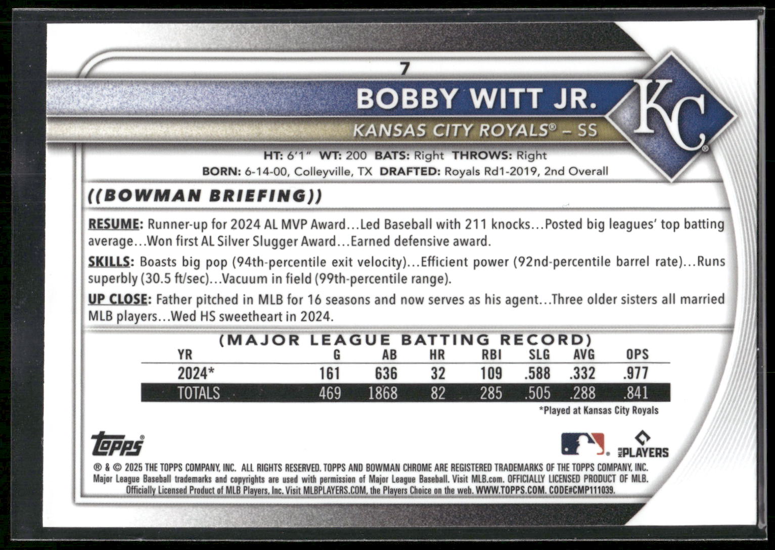2025 Bowman Chrome #7 Bobby Witt Jr. Mojo Refractors