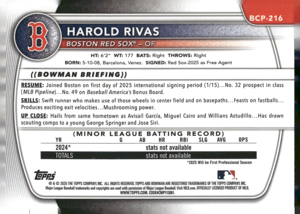 2025 Bowman Chrome #BCP-216 Harold Rivas Prospects Laser