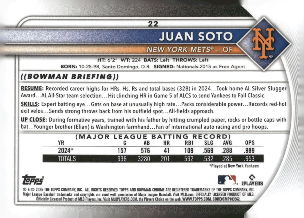 2025 Bowman #22 Juan Soto Chrome Mojo Refractor