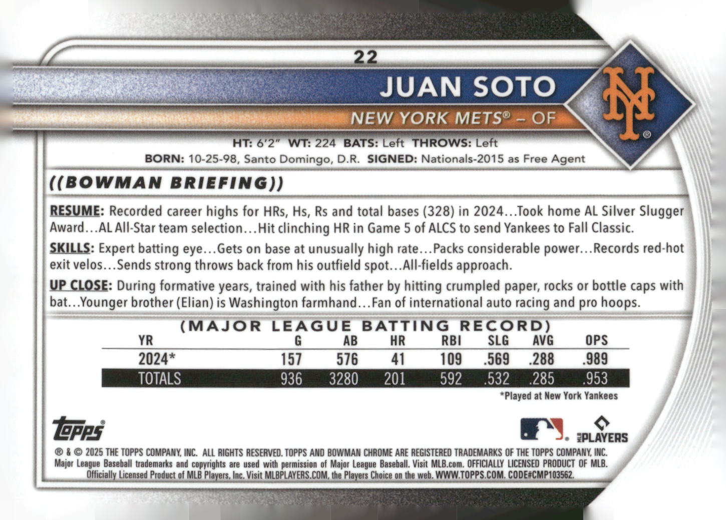 2025 Bowman #22 Juan Soto Chrome Mojo Refractor