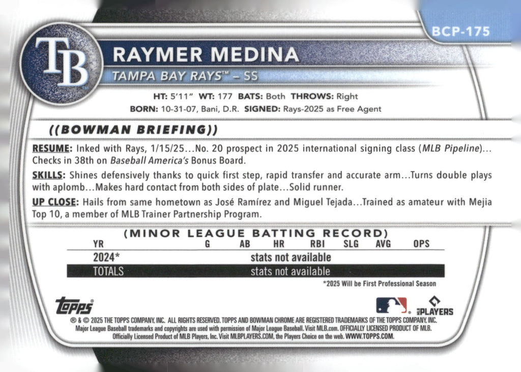 2025 Bowman Chrome #BCP-175 Raymer Medina Prospects Mojo
