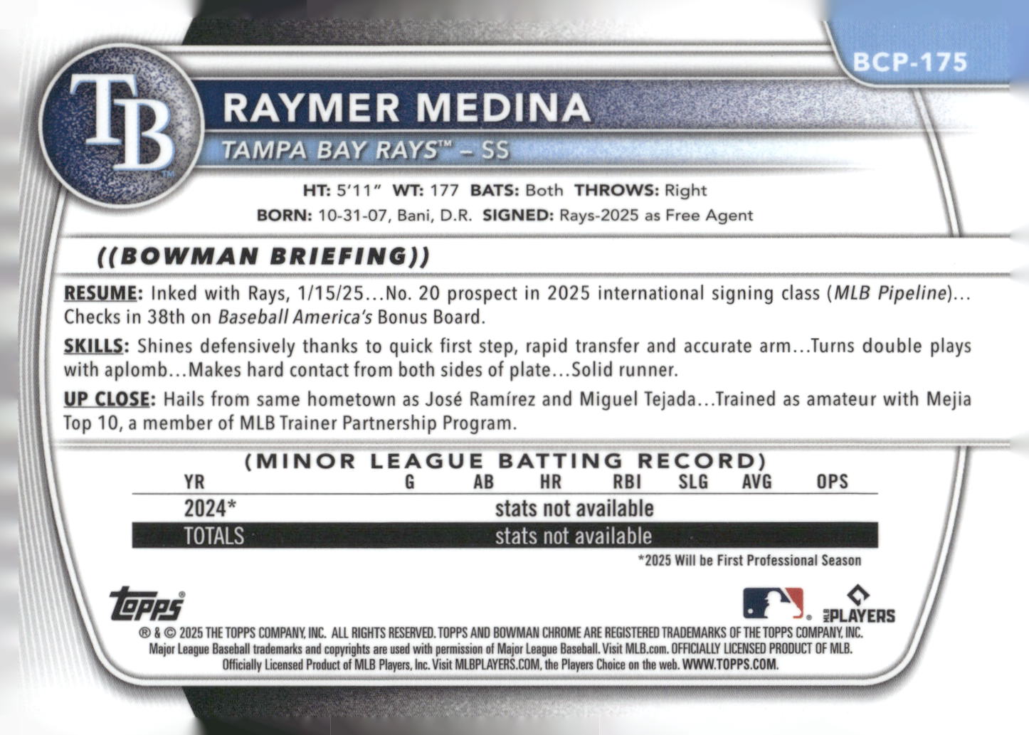 2025 Bowman Chrome #BCP-175 Raymer Medina Prospects Mojo