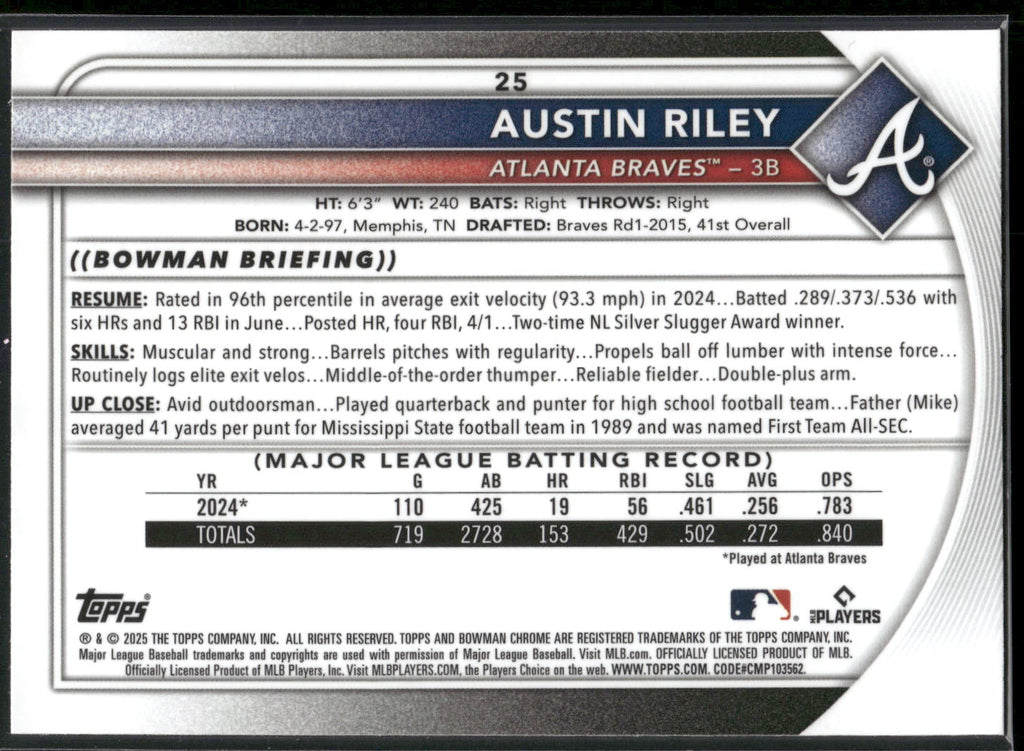 2025 Bowman #25 Austin Riley Chrome Mojo Refractor
