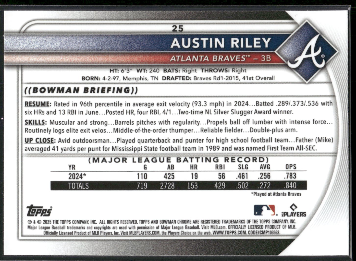 2025 Bowman #25 Austin Riley Chrome Mojo Refractor