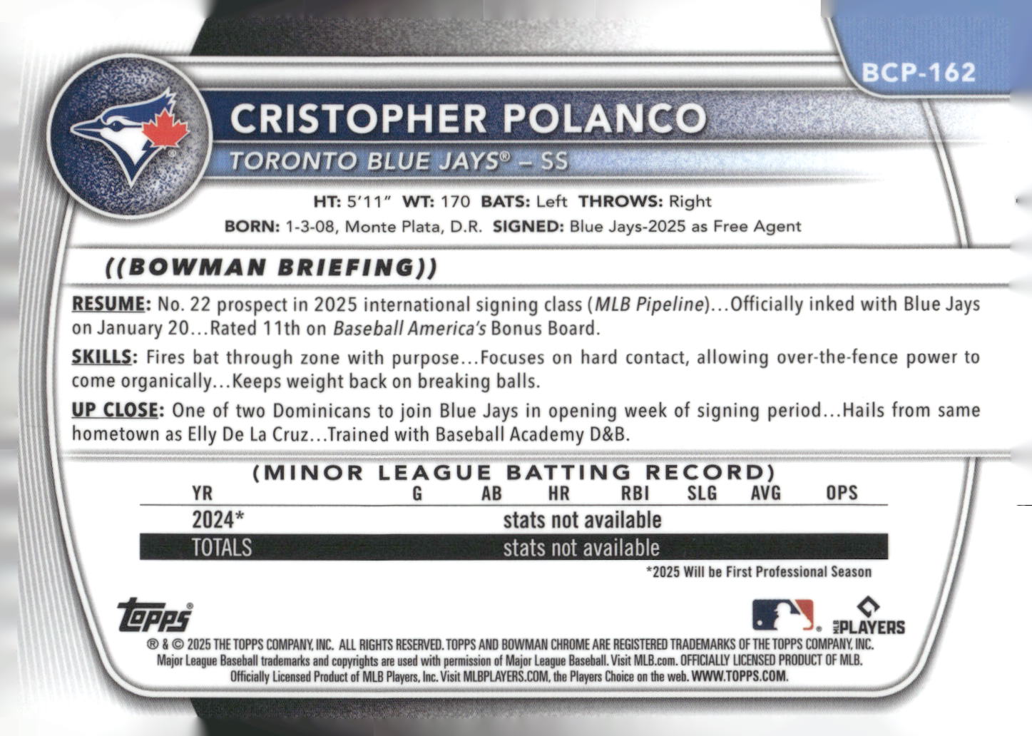 2025 Bowman Chrome #BCP-162 Cristopher Polanco Prospects Mojo