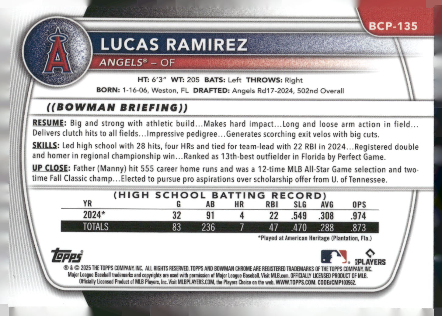 2025 Bowman #BCP-135 Lucas Ramirez Chrome Prospects Mojo Refractor