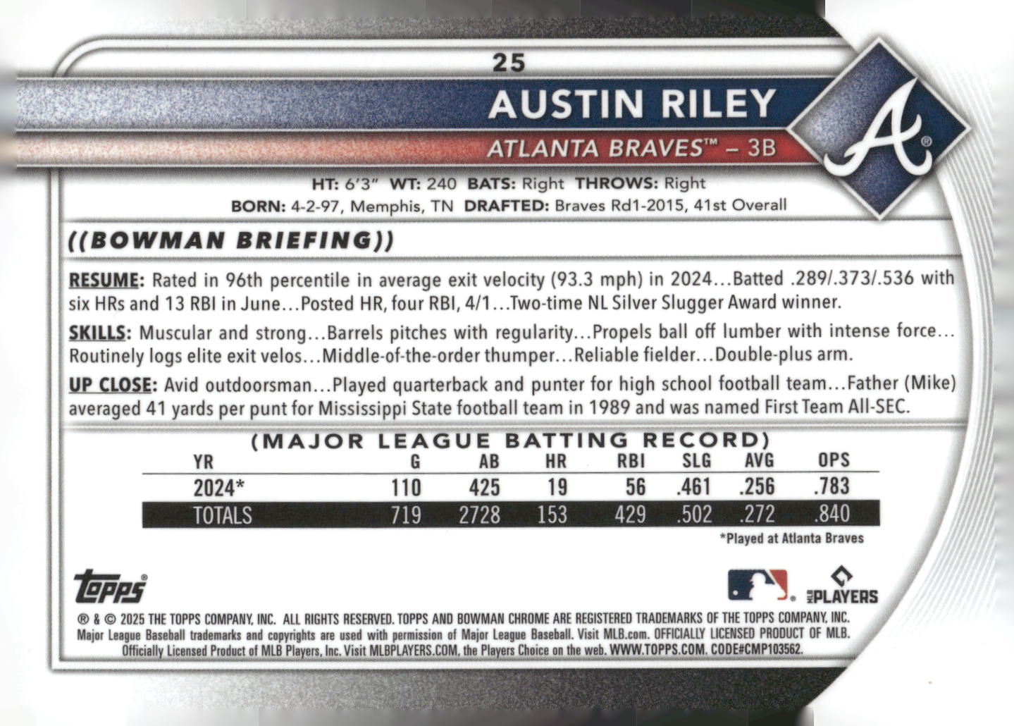 2025 Bowman #25 Austin Riley Chrome Mojo Refractor