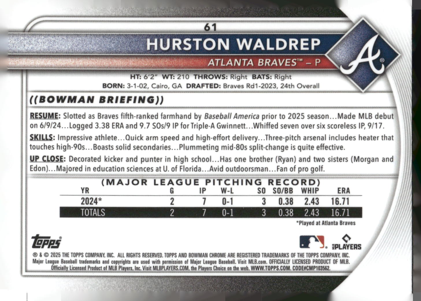 2025 Bowman #61 Hurston Waldrep Chrome Mojo Refractor