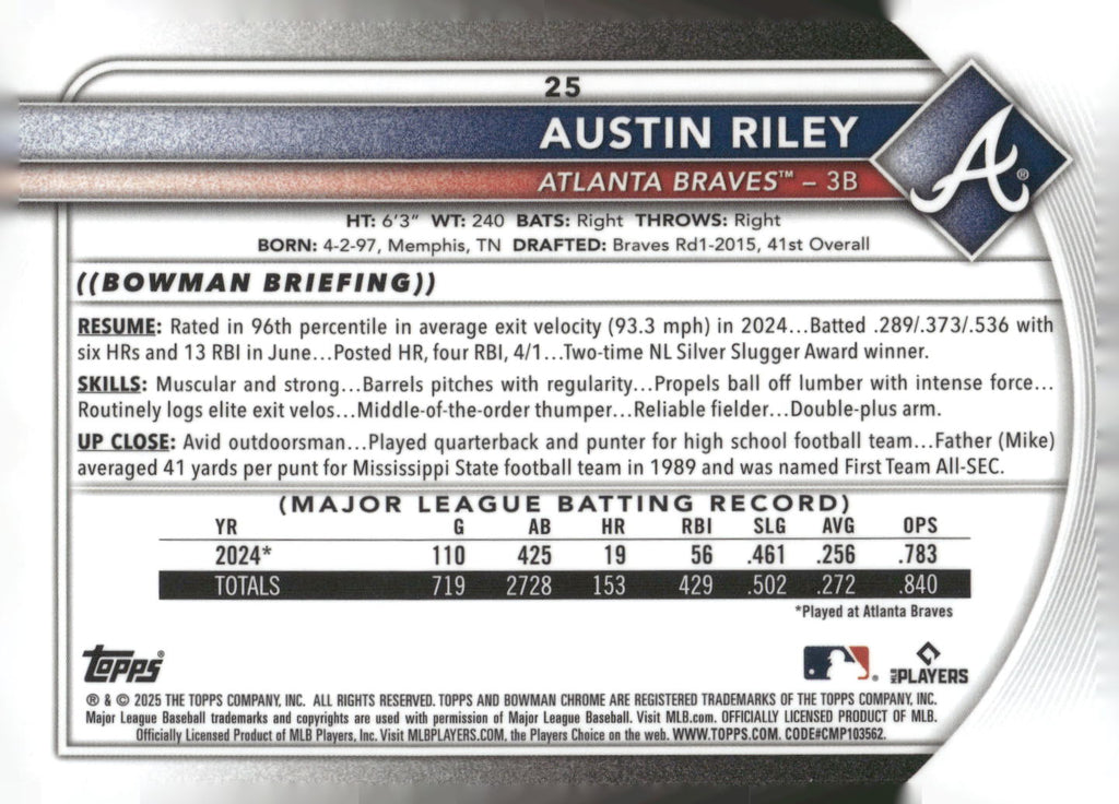 2025 Bowman #25 Austin Riley Chrome Mojo Refractor