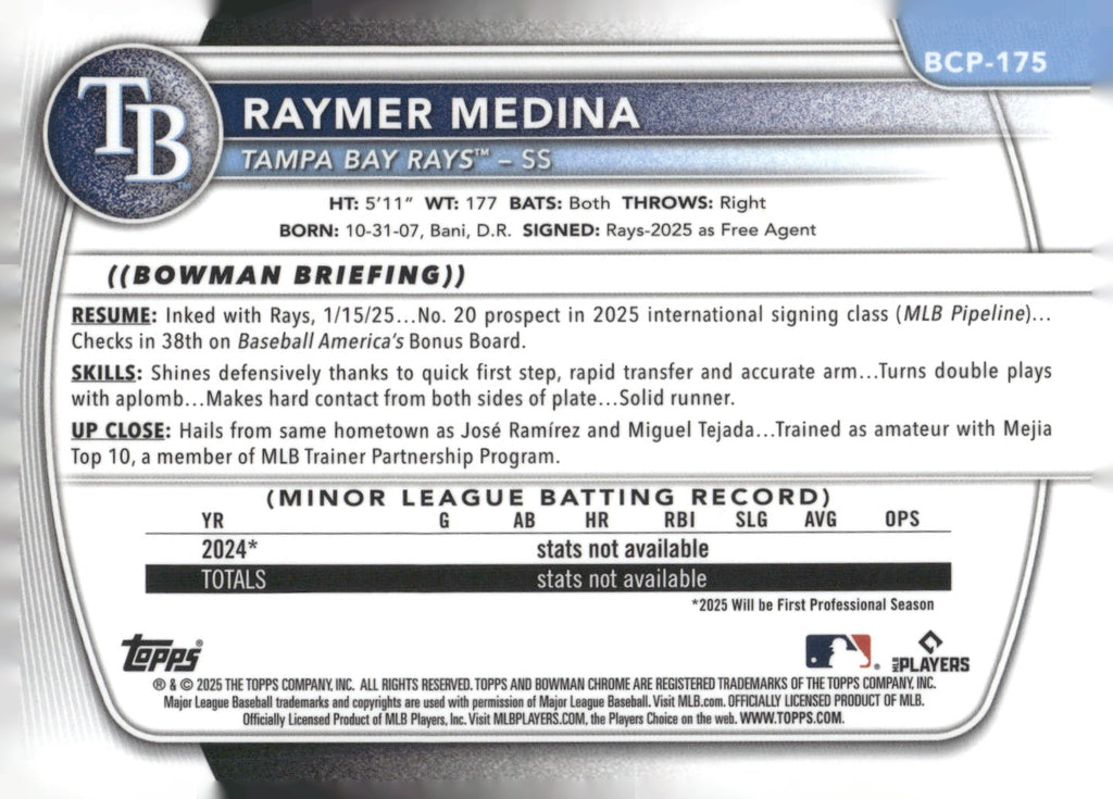 2025 Bowman Chrome #BCP-175 Raymer Medina Prospects Mojo