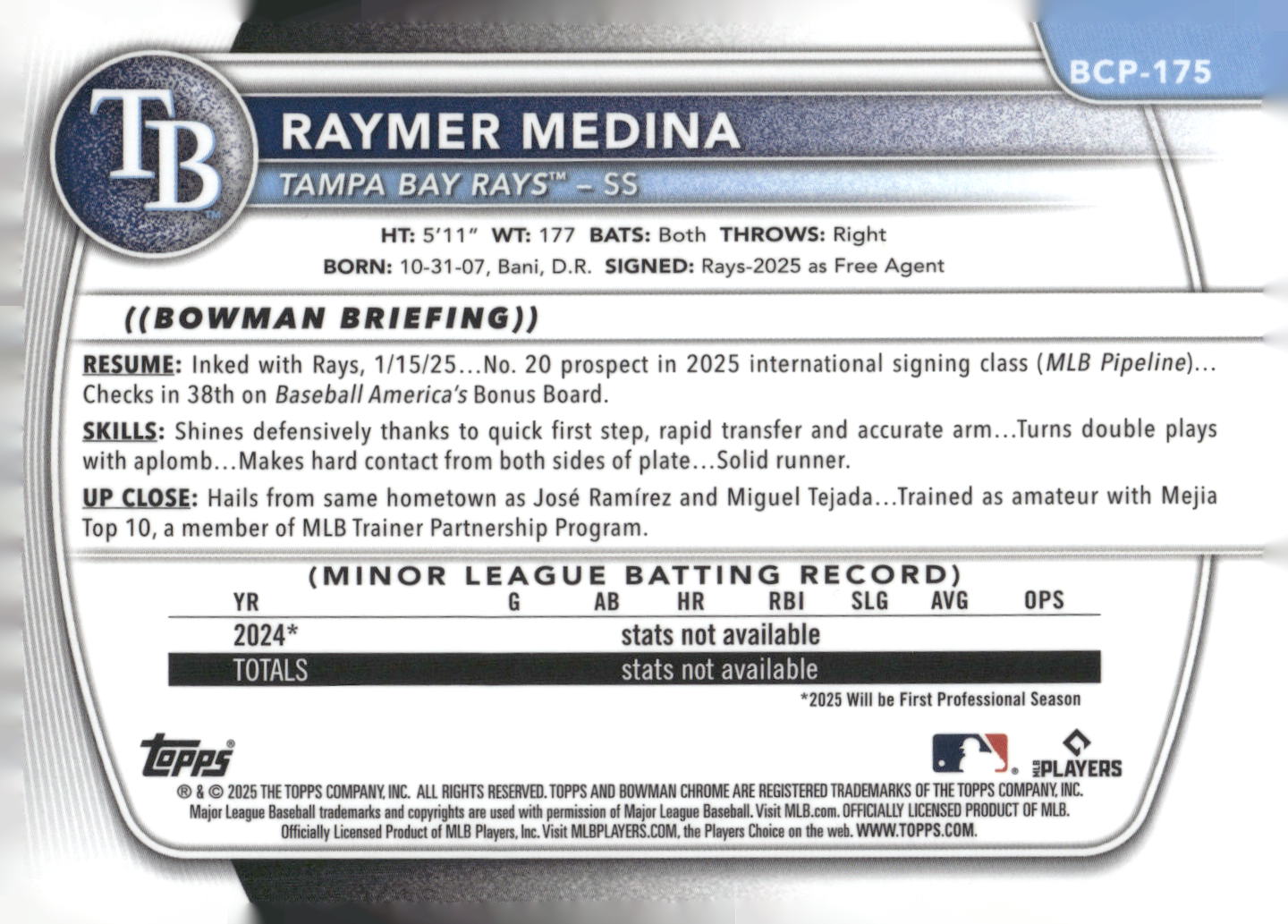 2025 Bowman Chrome #BCP-175 Raymer Medina Prospects Mojo
