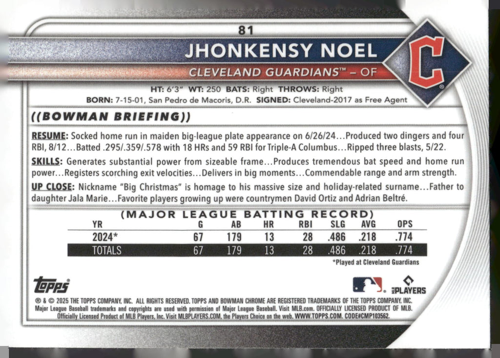 2025 Bowman #81 Jhonkensy Noel Chrome Mojo Refractor