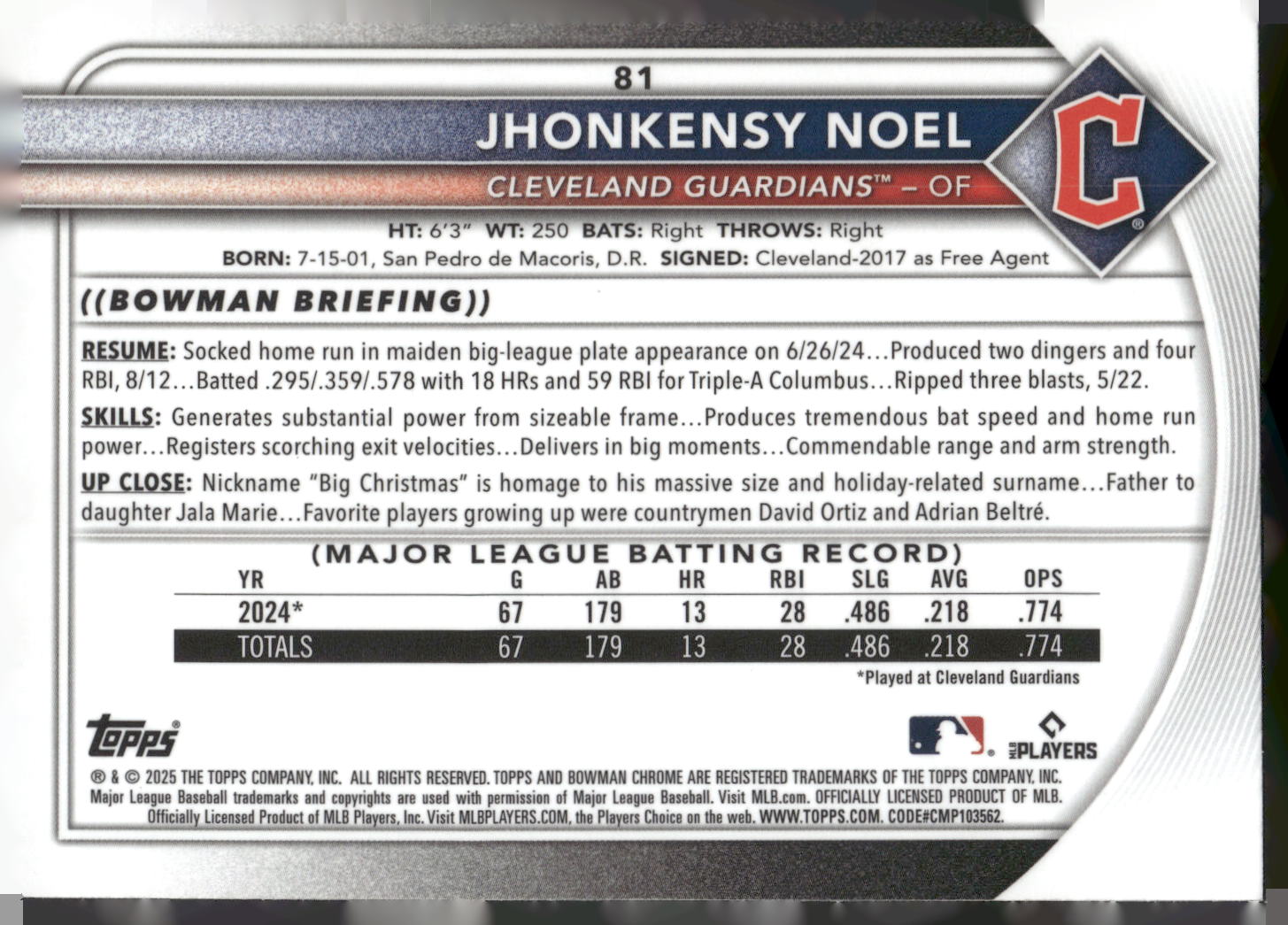 2025 Bowman #81 Jhonkensy Noel Chrome Mojo Refractor