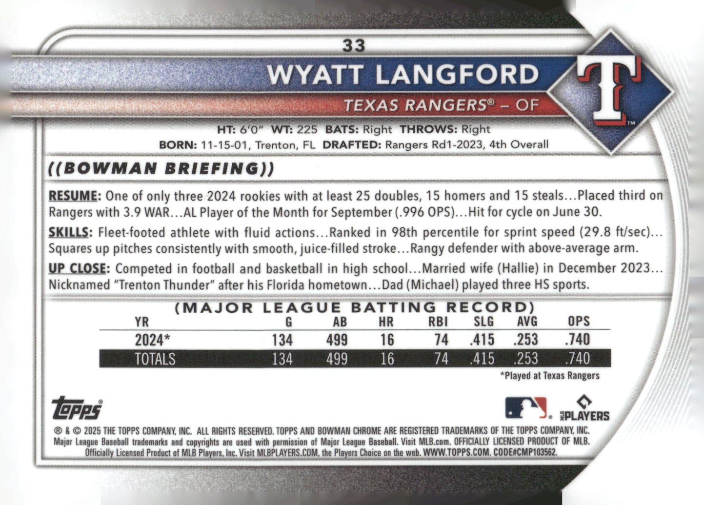 2025 Bowman #33 Wyatt Langford Chrome Base Set Mega Refractor