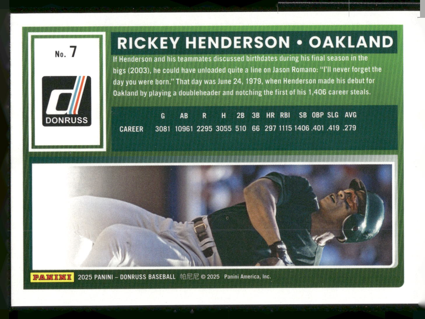 2025 Donruss #7 Rickey Henderson Red and Green Laser