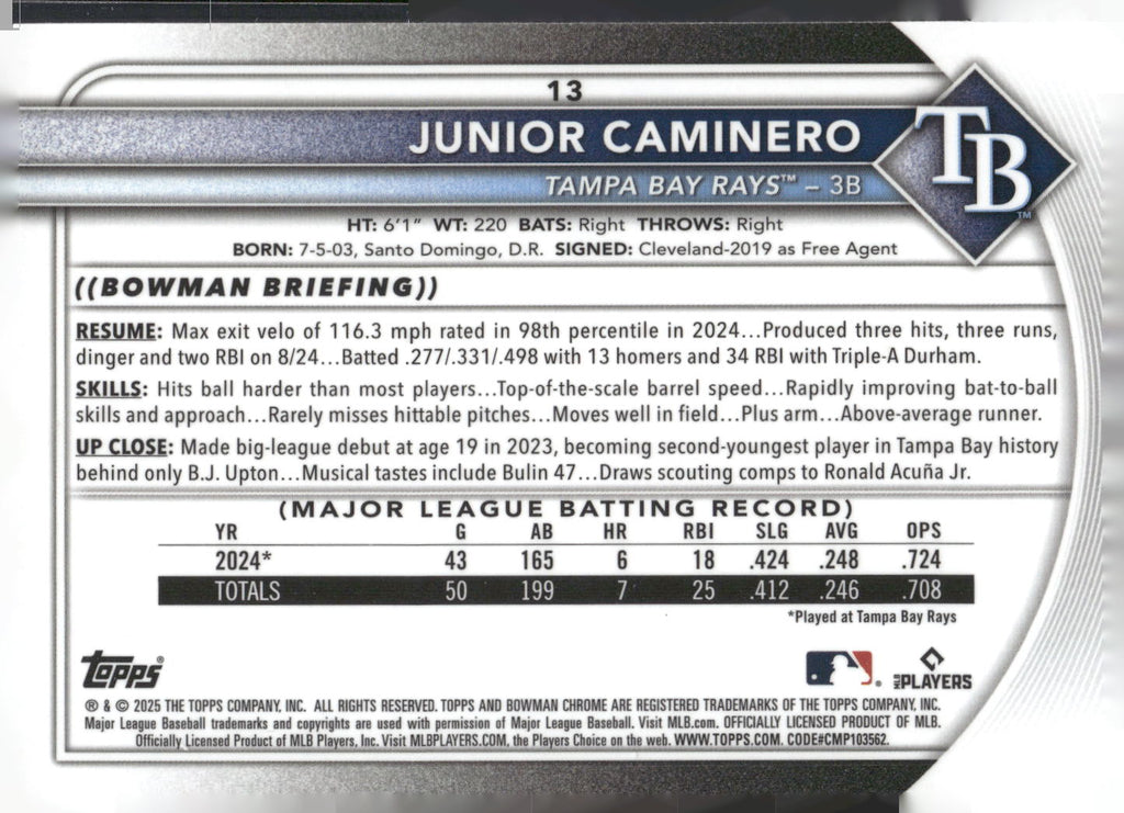 2025 Bowman #13 Junior Caminero Chrome Base Set Mega Refractor