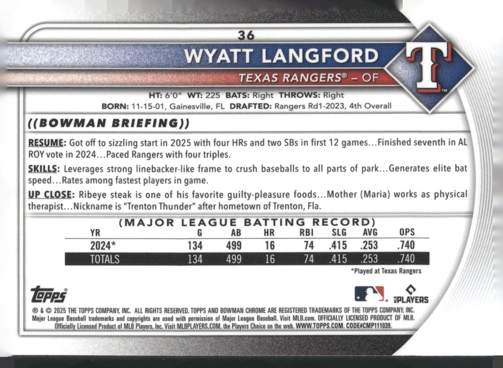 2025 Bowman Chrome #36 Wyatt Langford Mojo Refractors