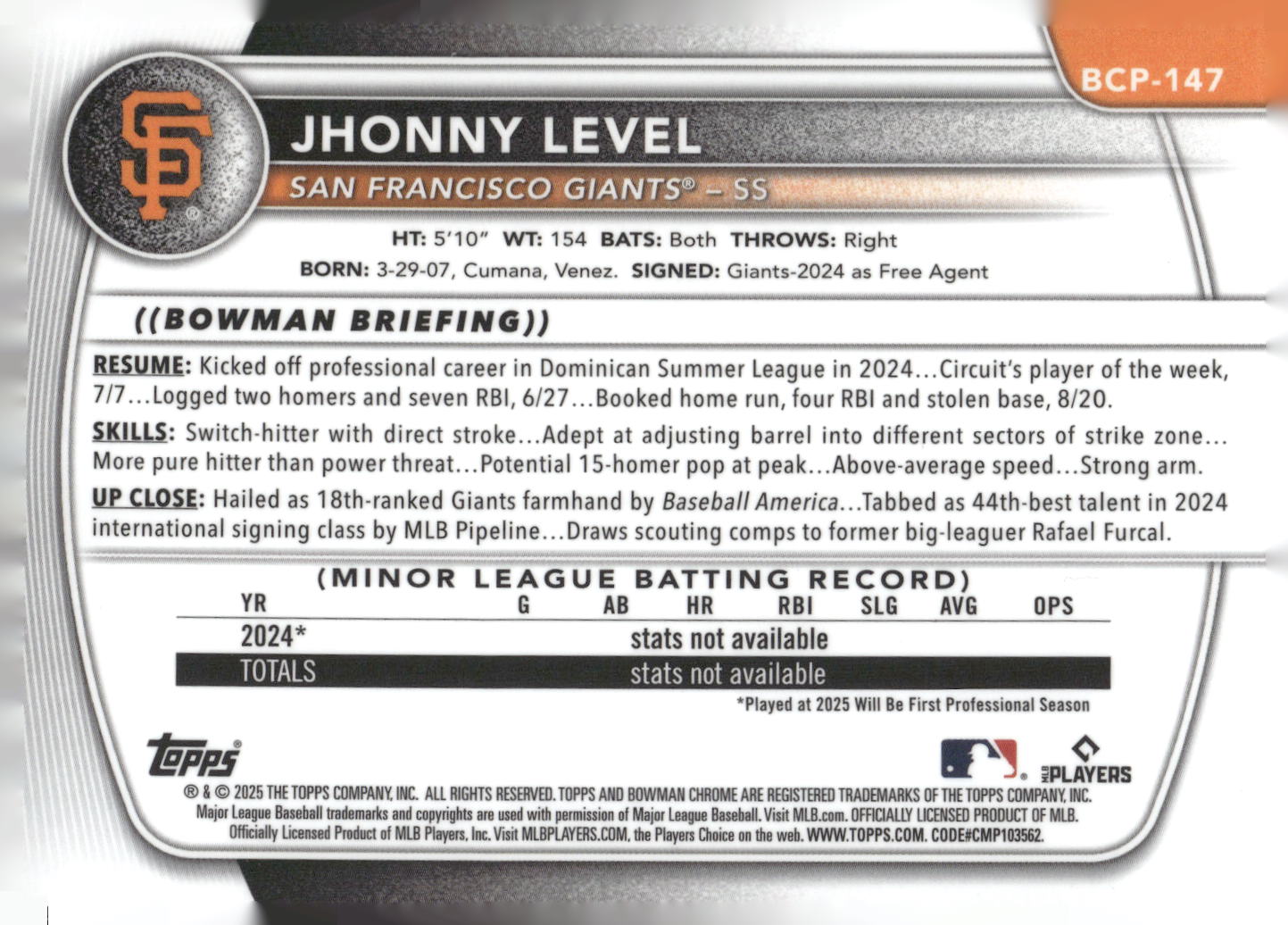 2025 Bowman #BCP-147 Jhonny Level Chrome Prospects Mojo Refractor