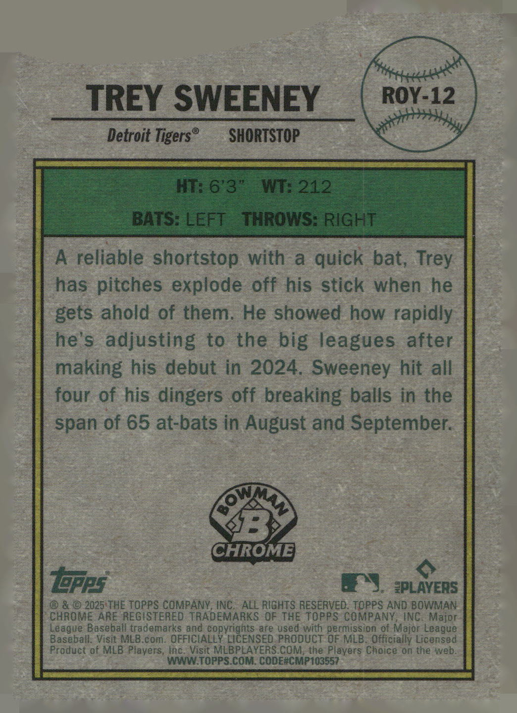 2025 Bowman #ROY-12 Trey Sweeney Rookie of the Year Favorites Mojo Refractor