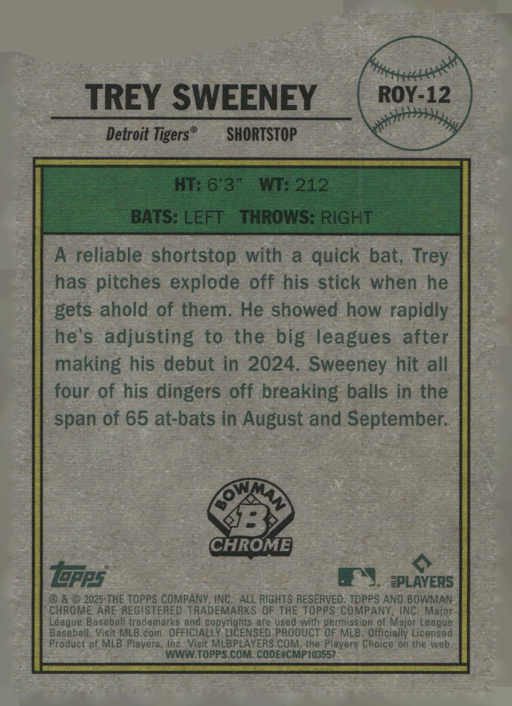 2025 Bowman #ROY-12 Trey Sweeney Rookie of the Year Favorites Mojo Refractor