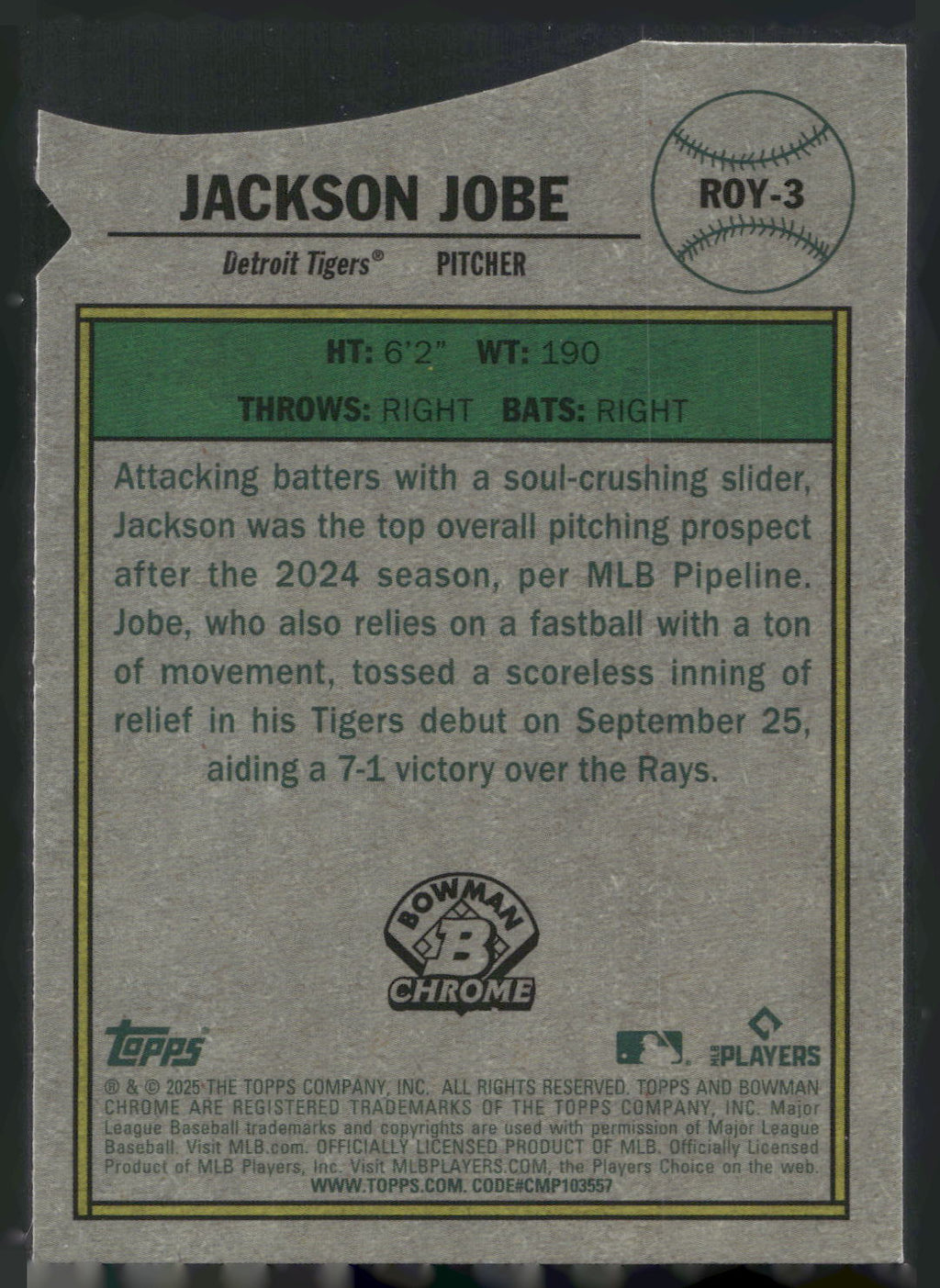 2025 Bowman #ROY-3 Jackson Jobe Rookie of the Year Favorites Mojo Refractor