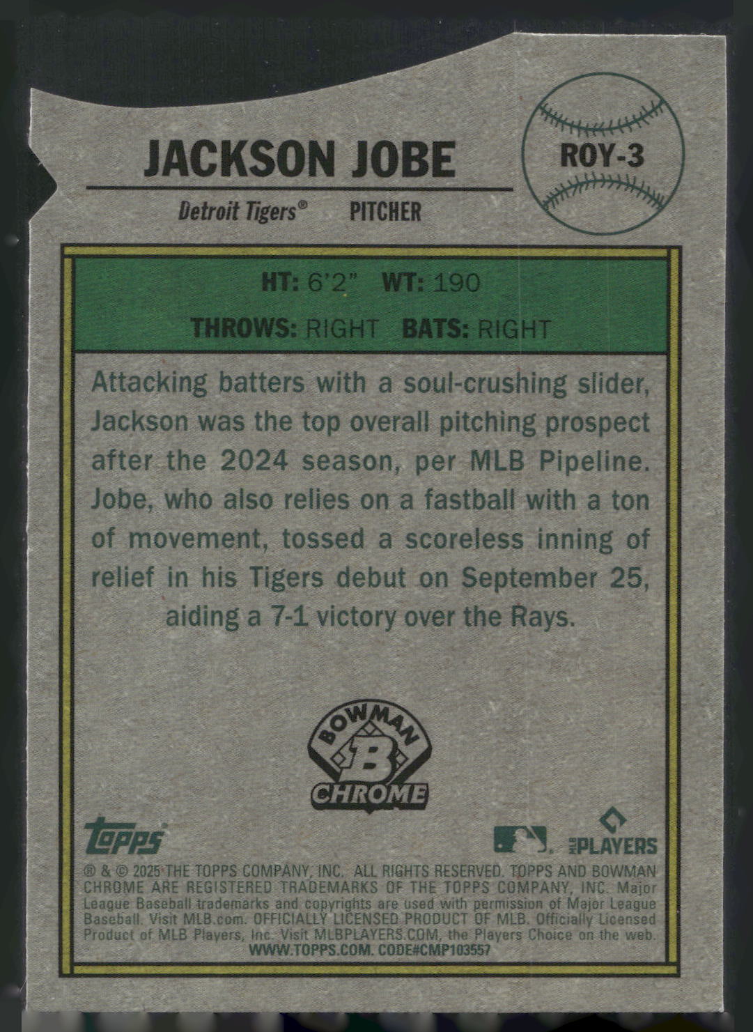 2025 Bowman #ROY-3 Jackson Jobe Rookie of the Year Favorites Mojo Refractor