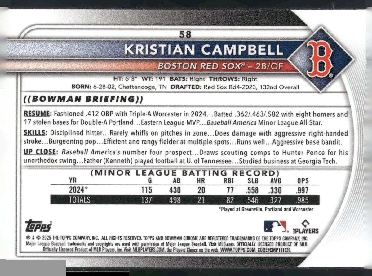 2025 Bowman Chrome #58 Kristian Campbell Mojo Refractors