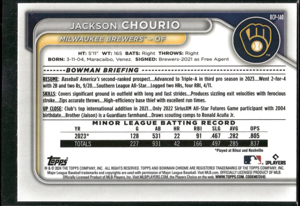 2024 Bowman #BCP-140 Jackson Chourio Chrome Prospects Lunar Glow Refractors