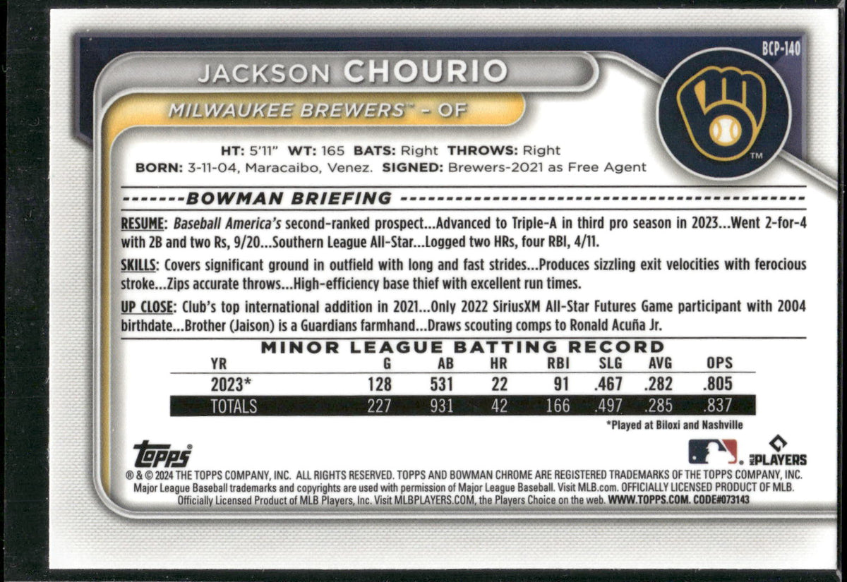 2024 Bowman #BCP-140 Jackson Chourio Chrome Prospects Lunar Glow Refractors