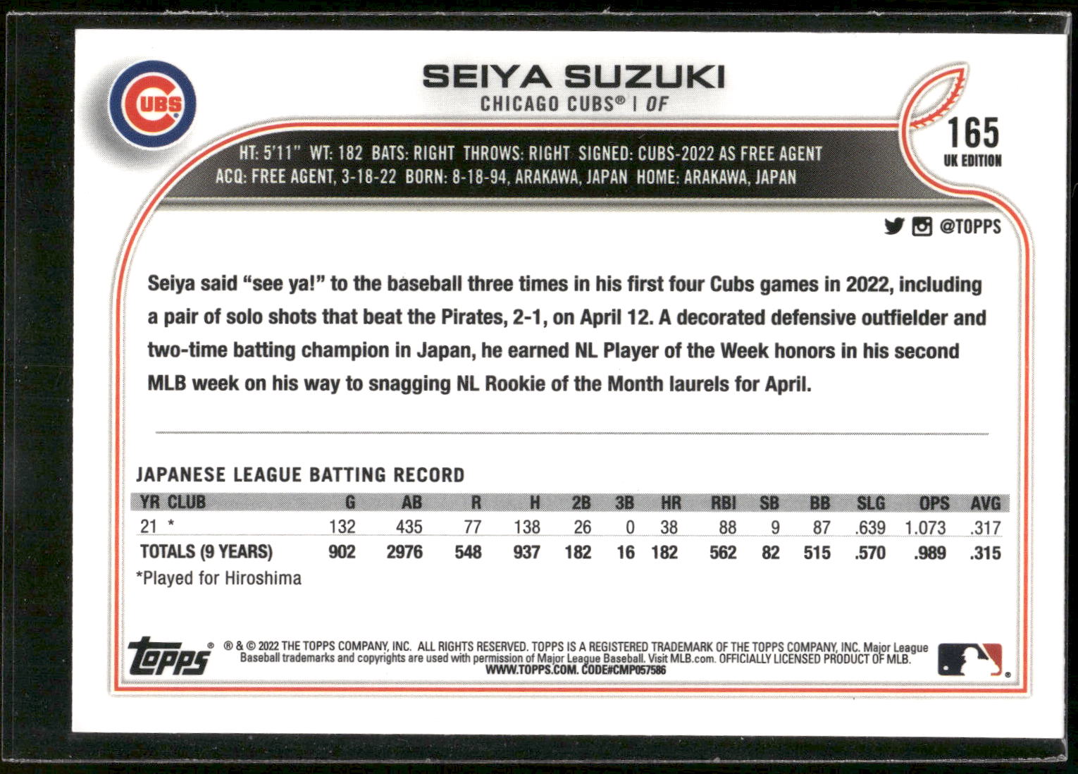 2022 Topps UK Edition #165 Seiya Suzuki