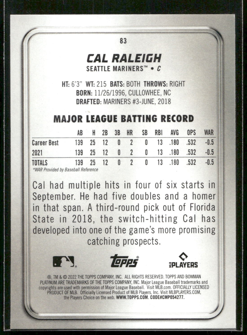 2022 Bowman Platinum #83 Cal Raleigh