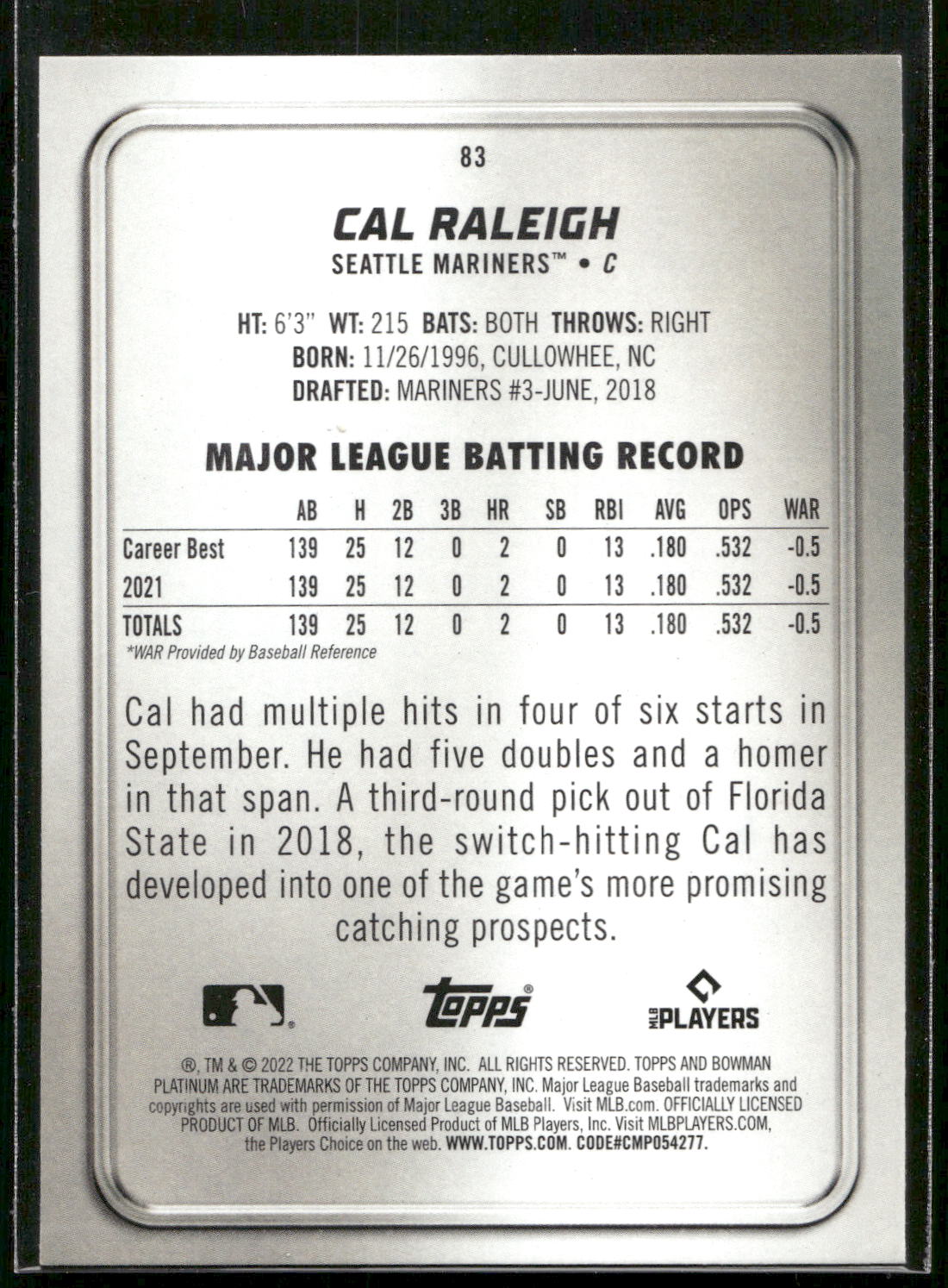 2022 Bowman Platinum #83 Cal Raleigh