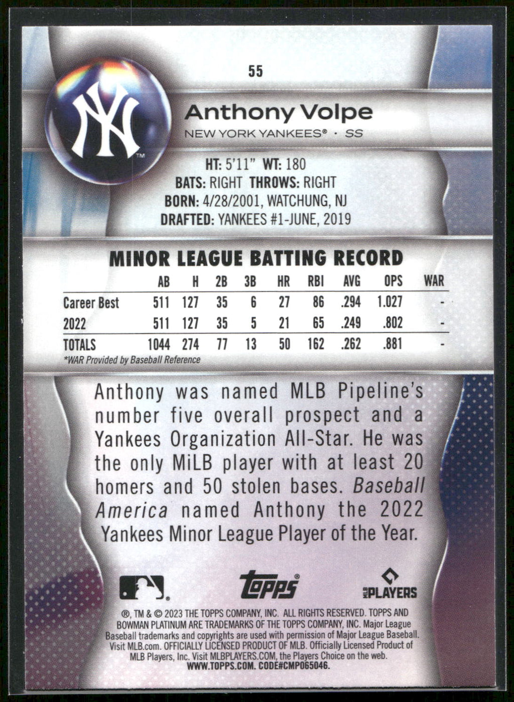 2023 Bowman Platinum #55 Anthony Volpe Ice Foil