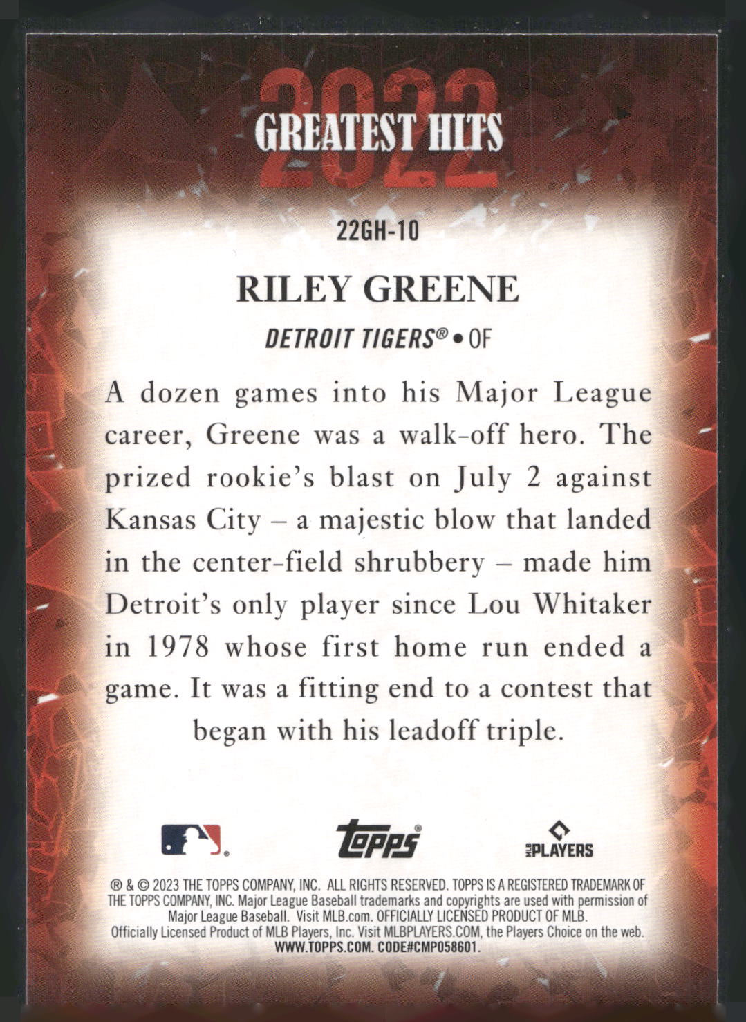 2023 Topps #22GH-10 Riley Greene 2022 Greatest Hits