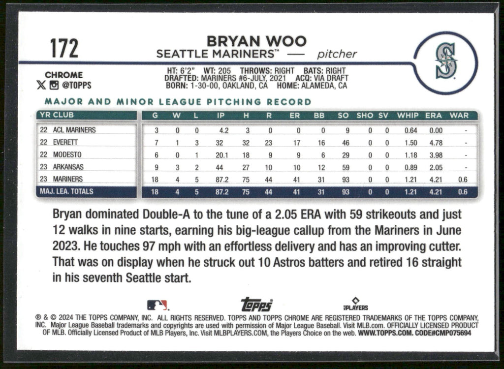 2024 Topps Chrome #172 Bryan Woo Refractors